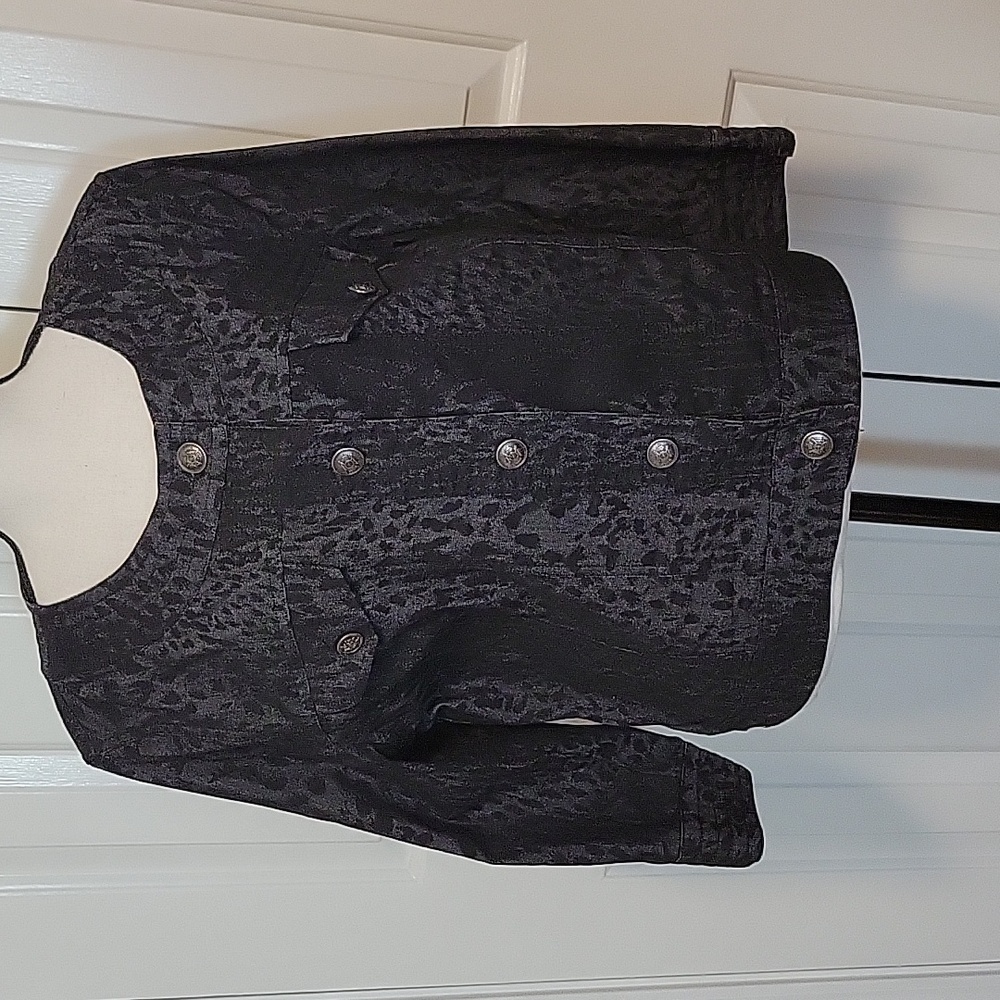 Black Gray Leopard Print Stretch Jacket Metal Buttons L NWT